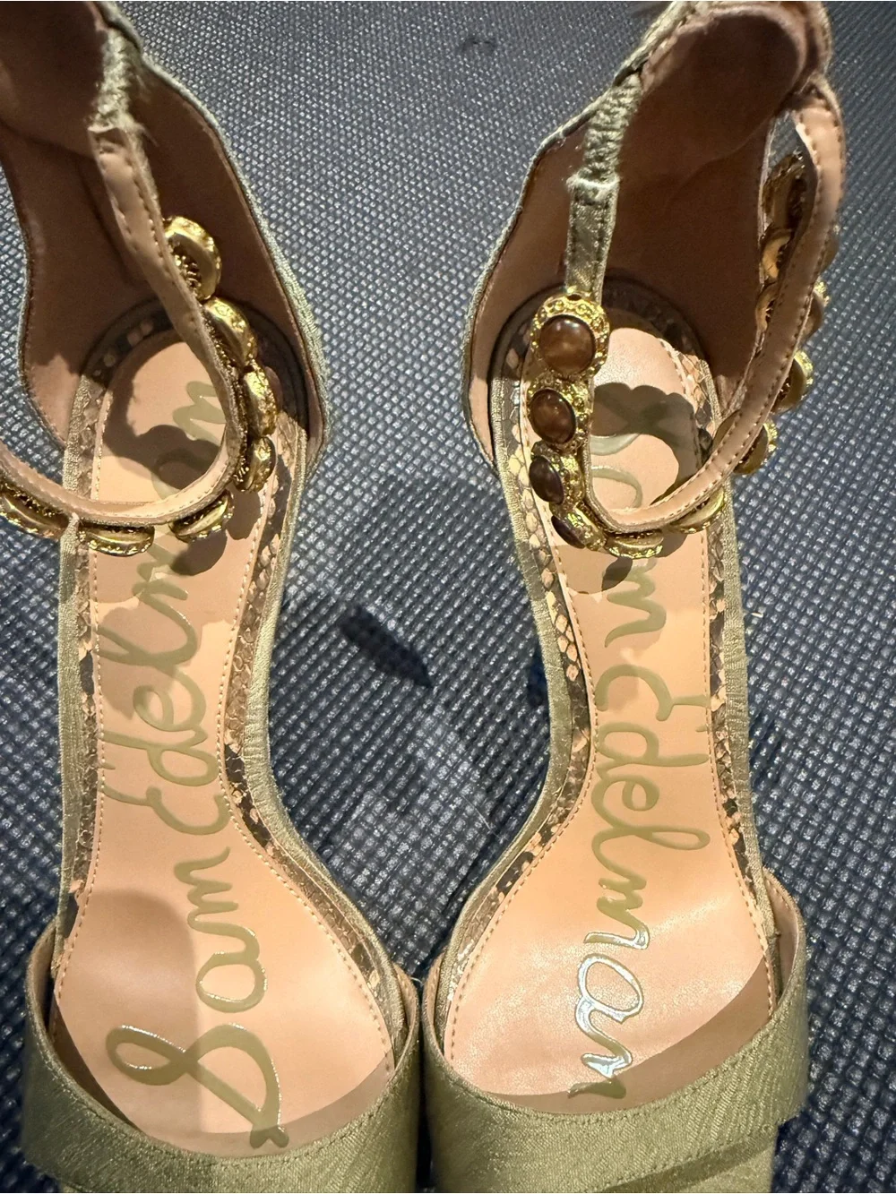 Sam Edelman Lyra Light Olive Jeweled Ankle Strap Heels Size 8